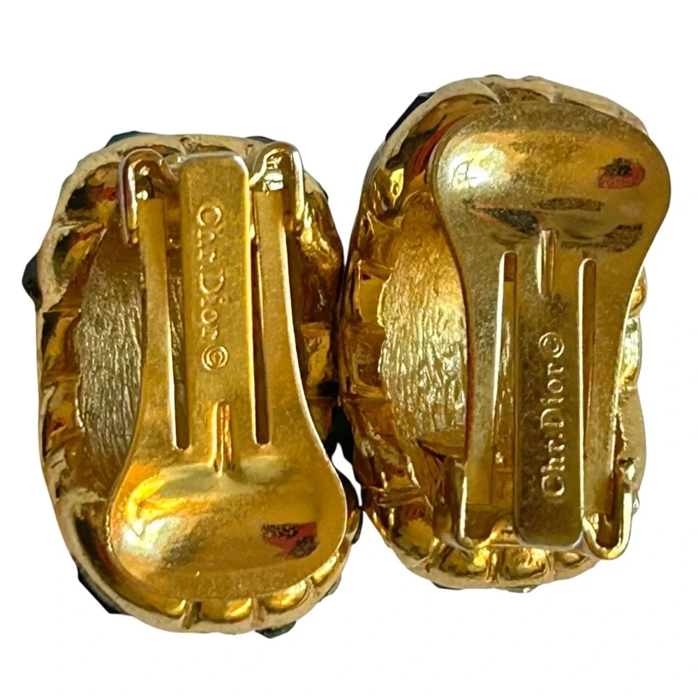 Vintage Dior Clip-On Earrings – Gold Tone Statement Emerald & Sapphire Baguettes - Picture 5 of 8